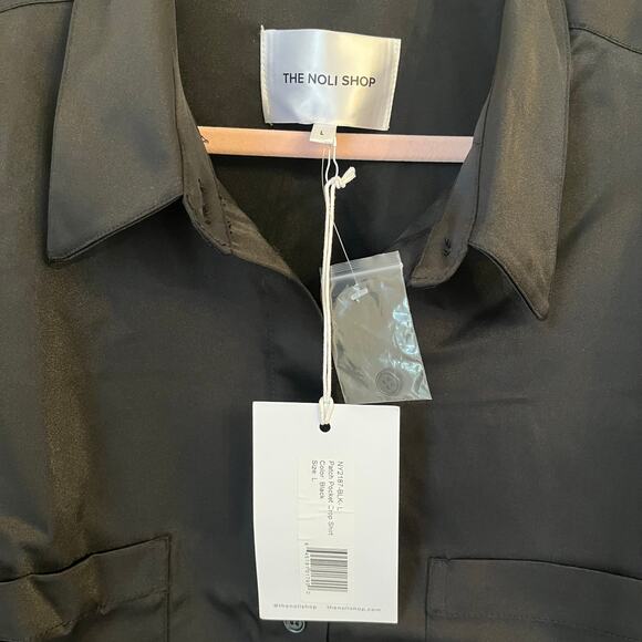 NWT The Noli Shop Milan Satin Button Up Shirt Large Black Boxy Cropped Cargo - Picture 6 of 10